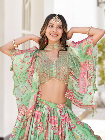 Green Color Beautiful Lehenga Choli in Chinon Silk Fabric