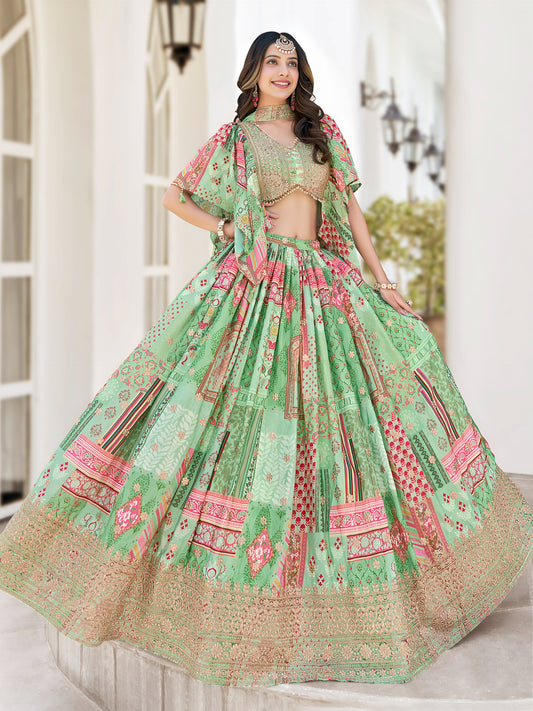 Green Color Beautiful Lehenga Choli in Chinon Silk Fabric