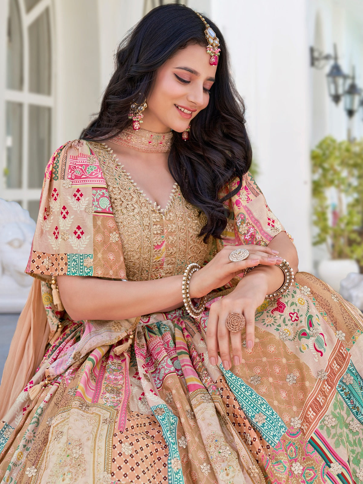 Beige Color Beautiful Lehenga Choli in Chinon Silk Fabric