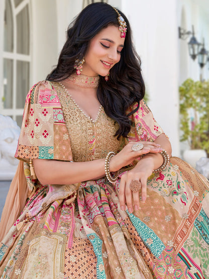 Beige Color Beautiful Lehenga Choli in Chinon Silk Fabric