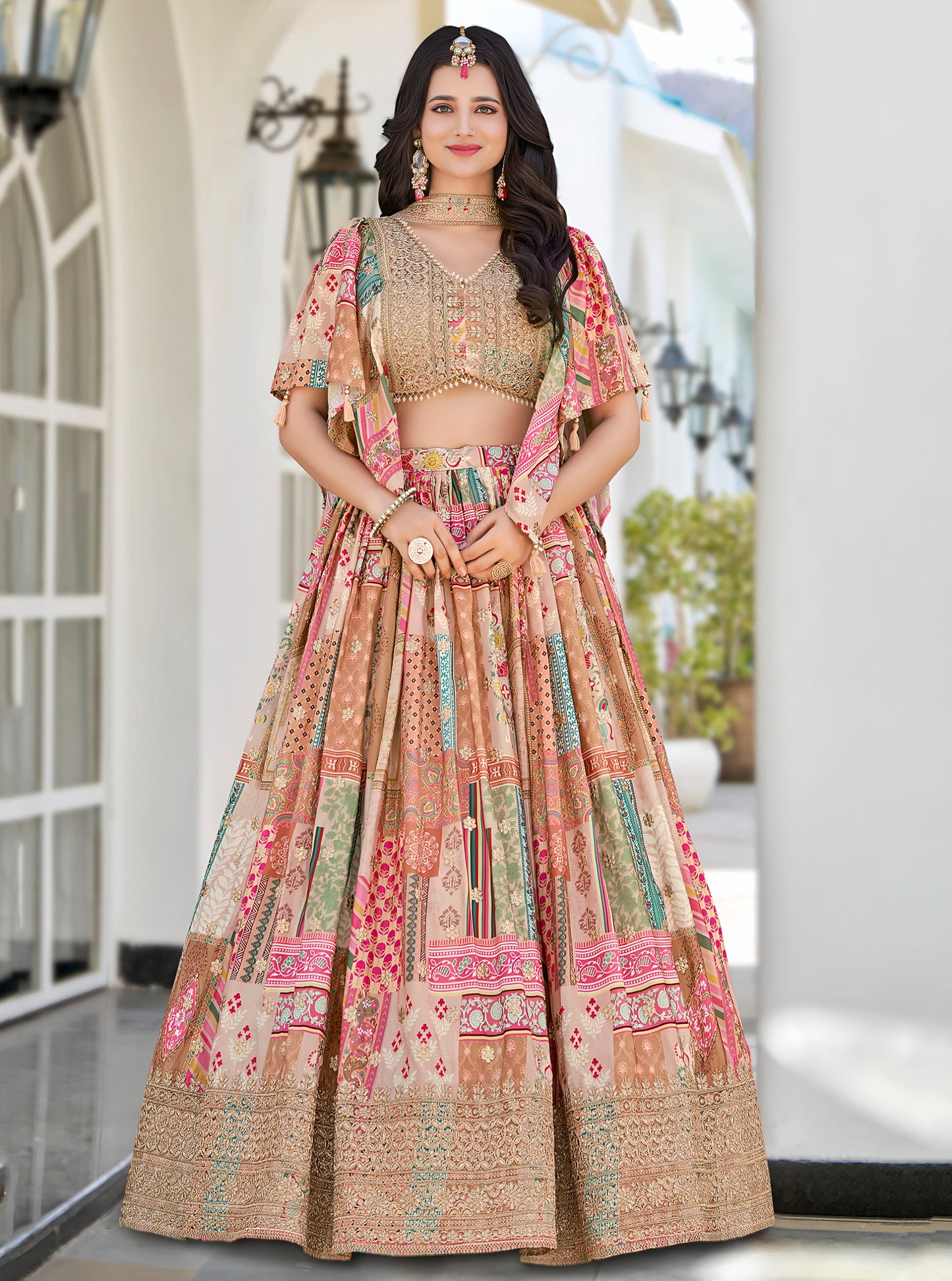 Beige Color Beautiful Lehenga Choli in Chinon Silk Fabric