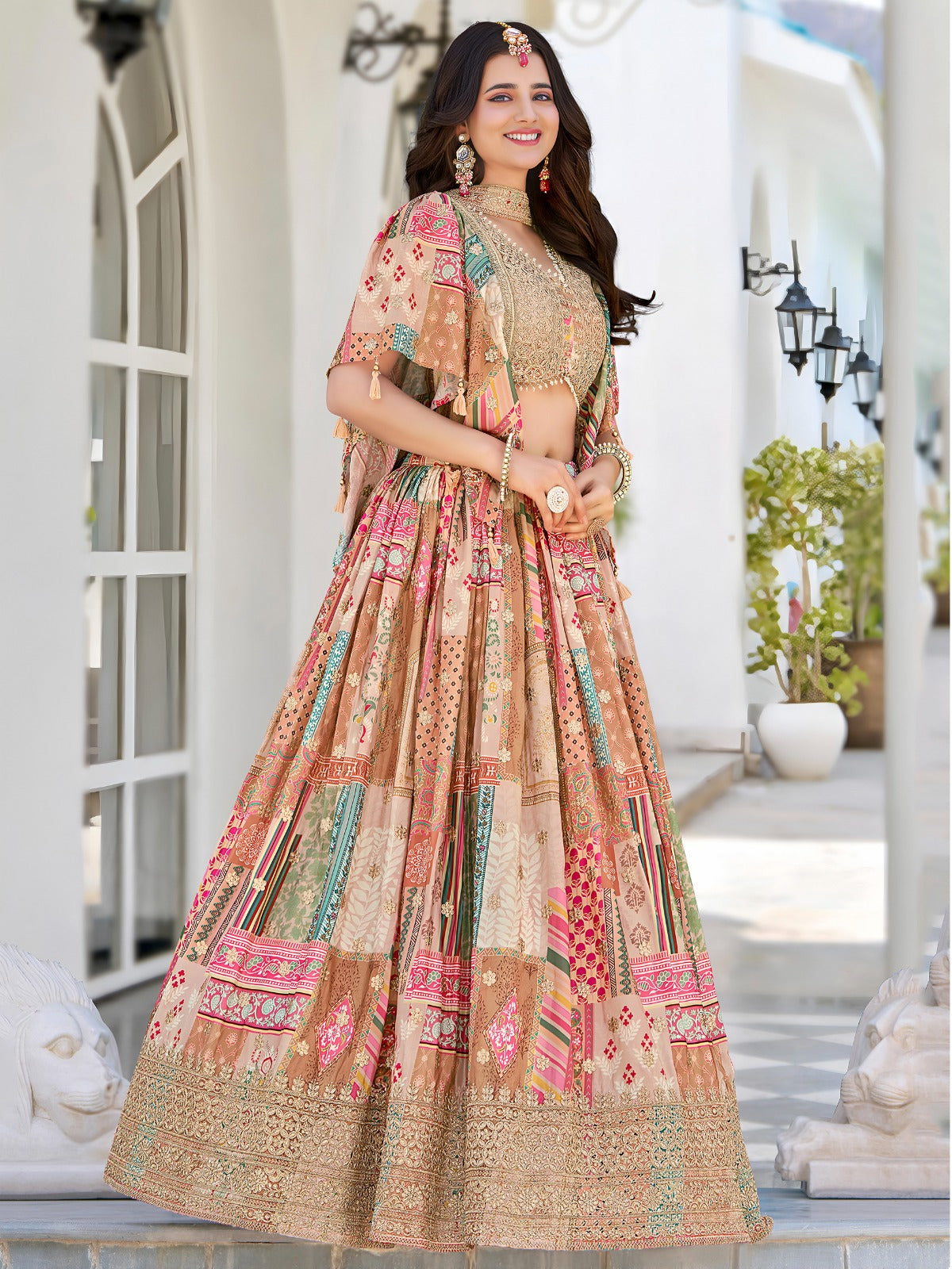 Beige Color Beautiful Lehenga Choli in Chinon Silk Fabric