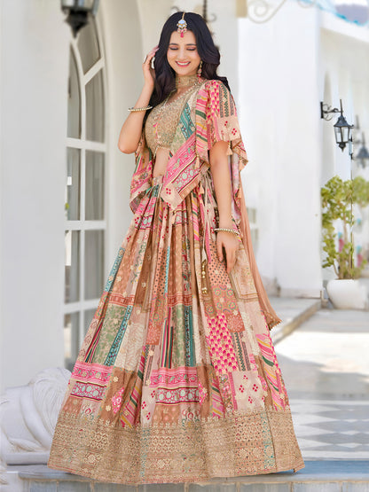 Beige Color Beautiful Lehenga Choli in Chinon Silk Fabric