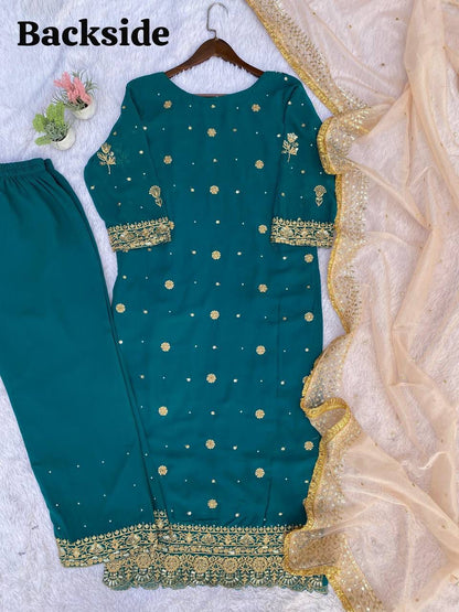 georgette with sequence embroidered and original motti handmade work top and pent with dupatta
