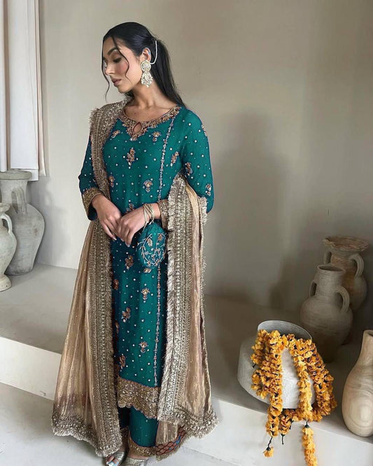 georgette with sequence embroidered and original motti handmade work top and pent with dupatta