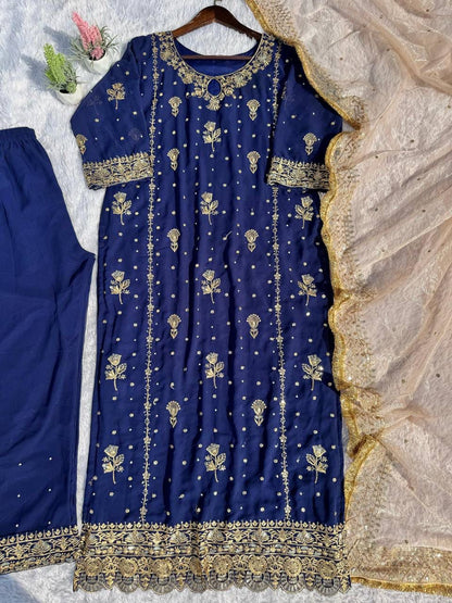 georgette with sequence embroidered and original motti handmade work top and pent with dupatta