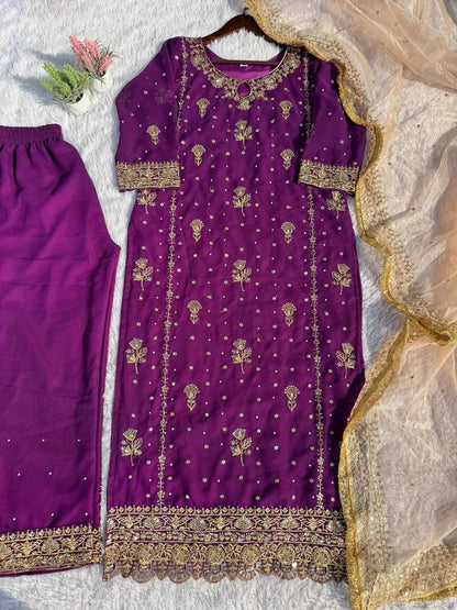 georgette with sequence embroidered and original motti handmade work top and pent with dupatta
