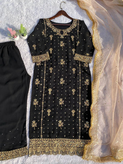 georgette with sequence embroidered and original motti handmade work top and pent with dupatta