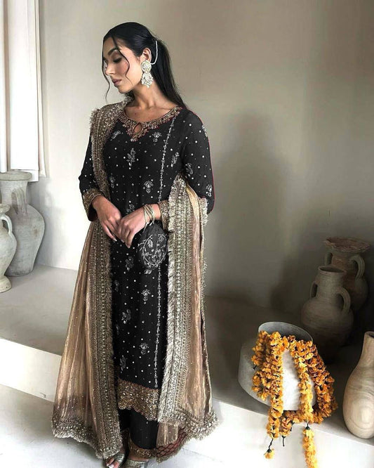 georgette with sequence embroidered and original motti handmade work top and pent with dupatta