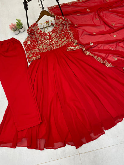 embroidered gown and pant pair  with dupatta in georgette