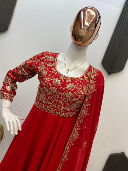 embroidered gown and pant pair  with dupatta in georgette