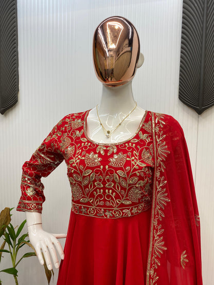 embroidered gown and pant pair  with dupatta in georgette