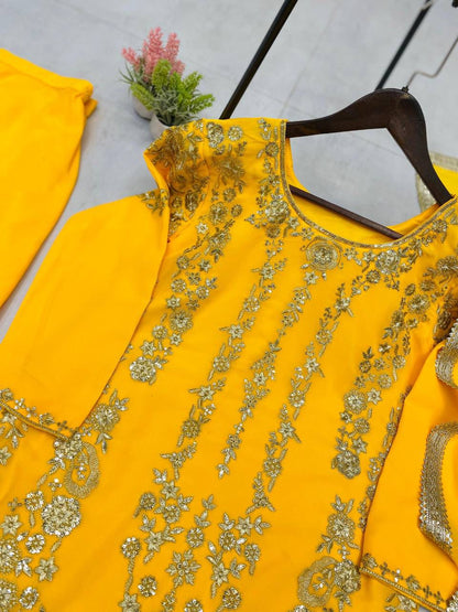 Sarara Suit In Three Piece With Sequence Embroidery Work in yellow color