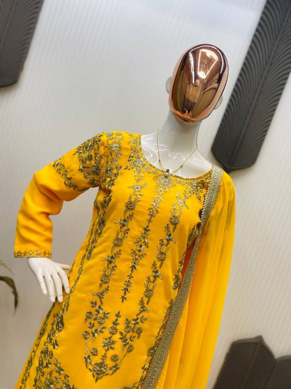 Sarara Suit In Three Piece With Sequence Embroidery Work in yellow color