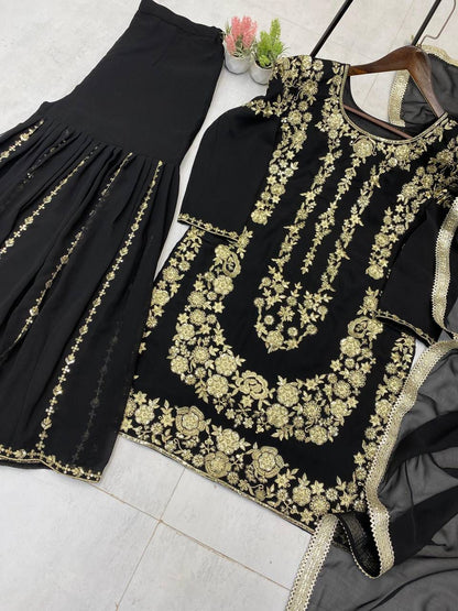Sarara Suit In Three Piece With Sequence Embroidery Work in black color