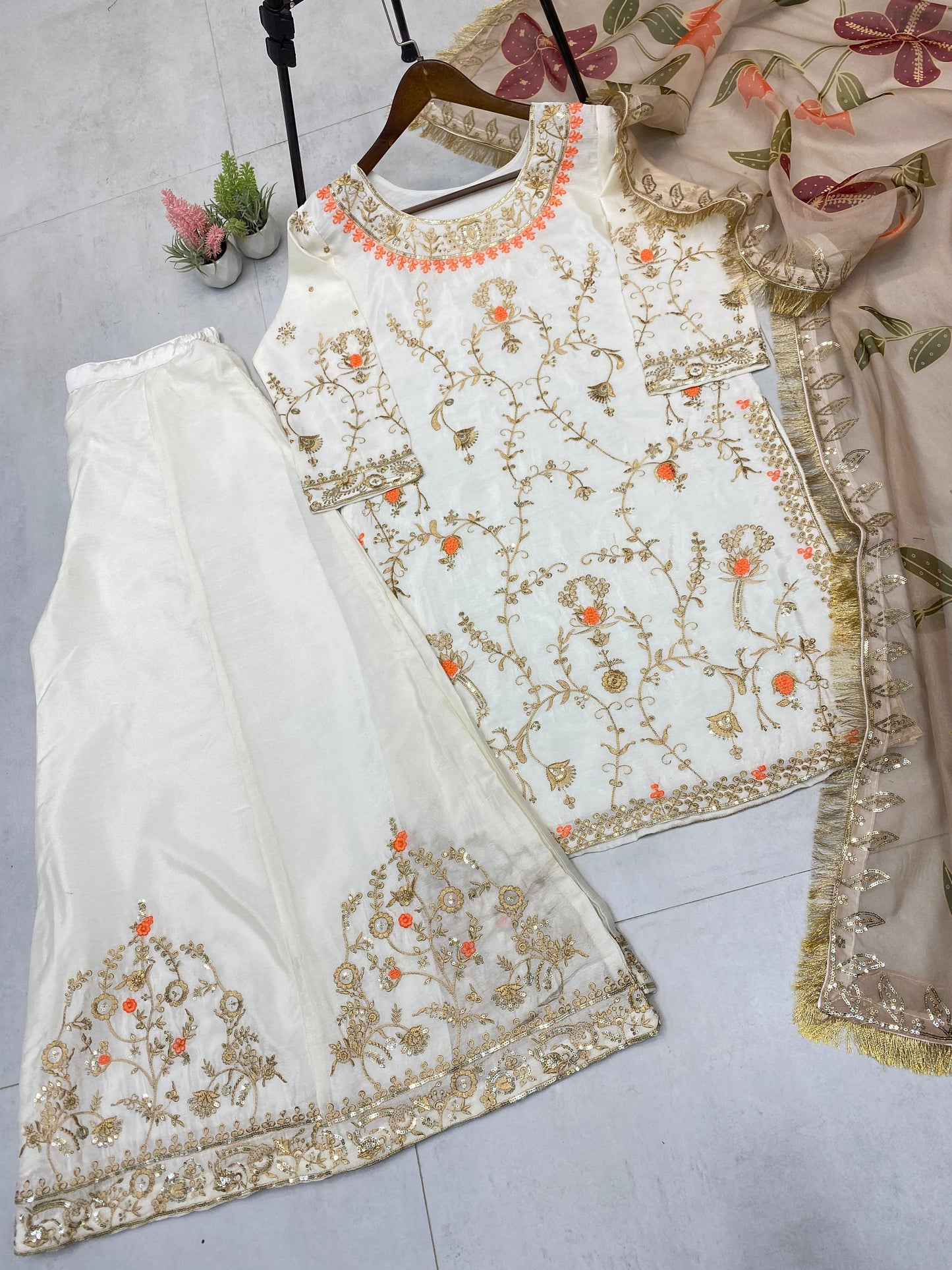 Designer Heavy Chinon With Sequence Embroidery Work Suit With Plazzo And Dupatta