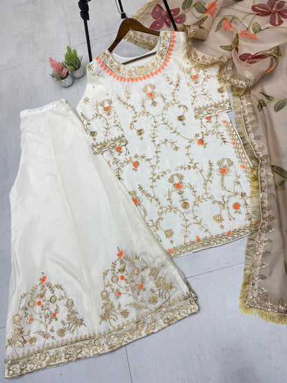 Designer Heavy Chinon With Sequence Embroidery Work Suit With Plazzo And Dupatta
