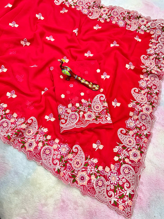 Red Color Beautiful Partywear Saree in georgette fabric