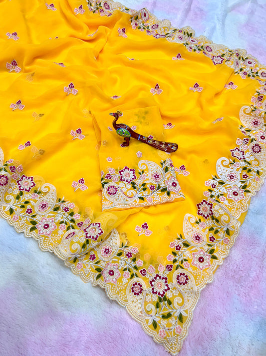 Yellow Color Beautiful Partywear Saree in georgette fabric