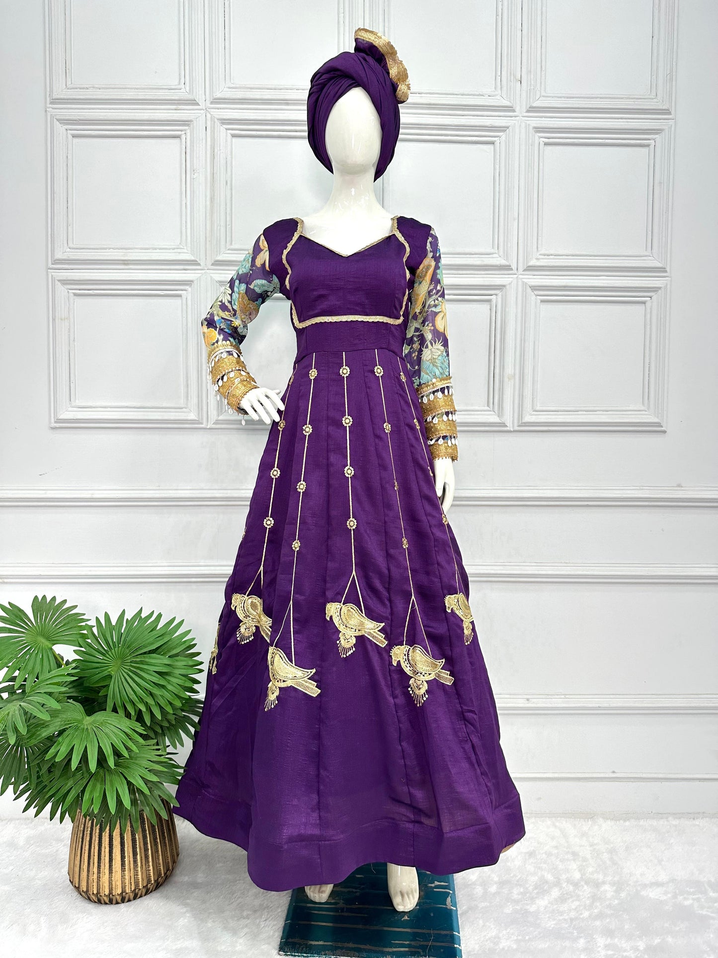 Purple Gown in vichitra Silk Fabric