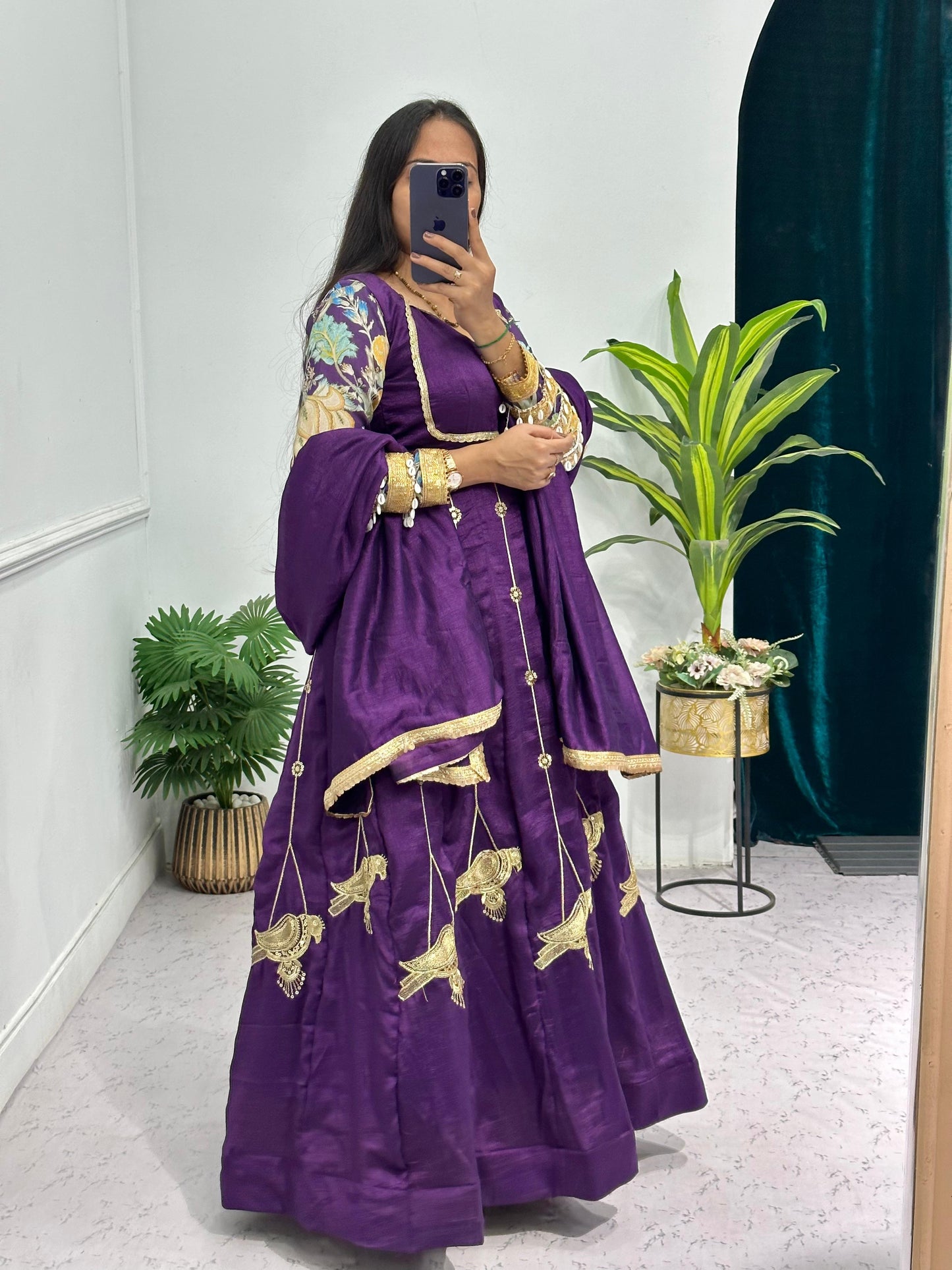 Purple Gown in vichitra Silk Fabric