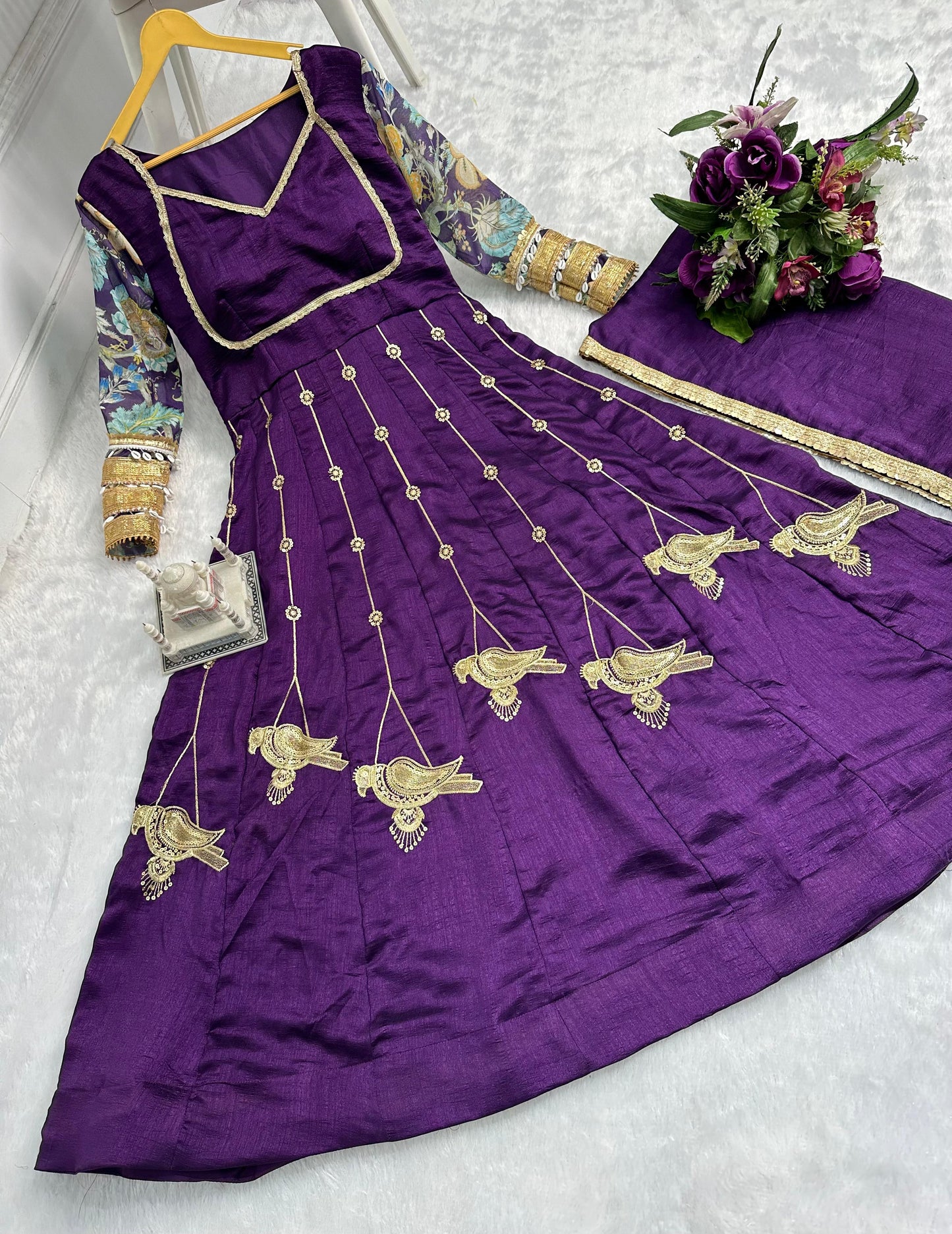 Purple Gown in vichitra Silk Fabric