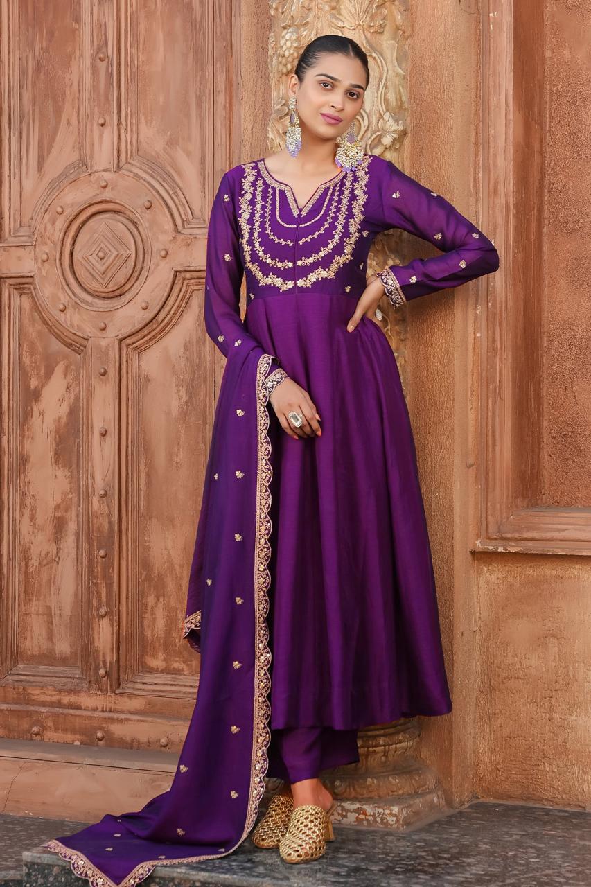 Purple Color Beautiful Partywear Dress in Vichitra Silk FAbric