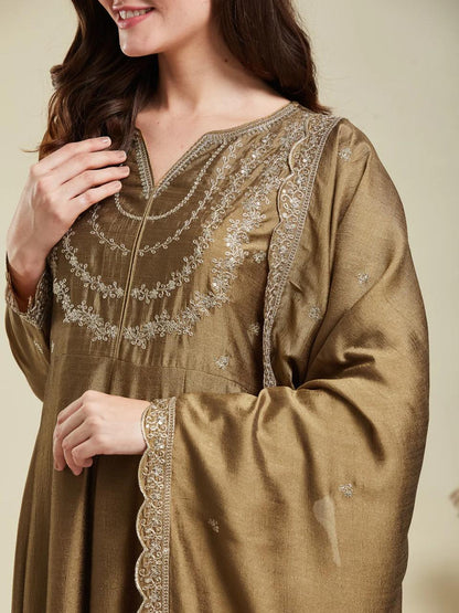 Brown Color Beautiful Partywear Dress in Vichitra Silk FAbric