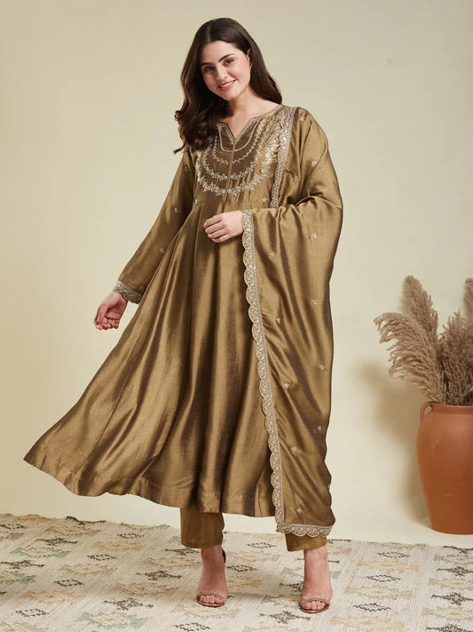Brown Color Beautiful Partywear Dress in Vichitra Silk FAbric
