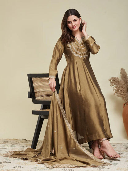 Brown Color Beautiful Partywear Dress in Vichitra Silk FAbric