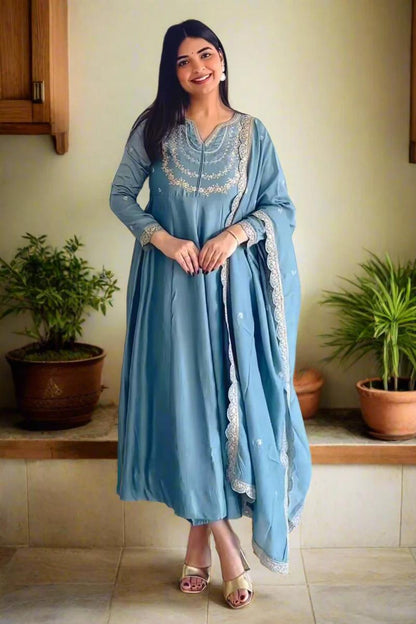 Sky BLue Color Beautiful Partywear Dress in Vichitra Silk FAbric