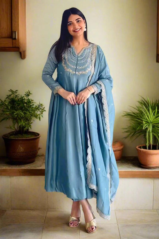 Sky BLue Color Beautiful Partywear Dress in Vichitra Silk FAbric
