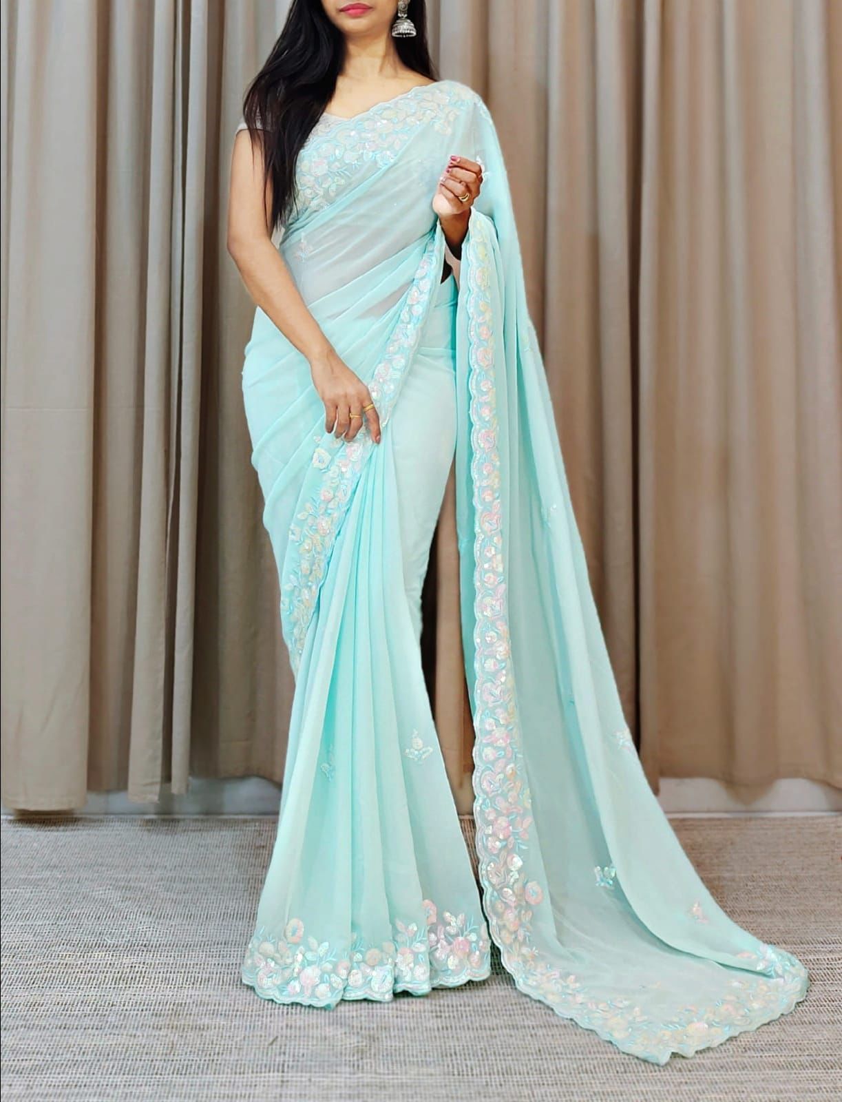 Buy Now Beautiful Sky Blue Saree for upcoming festival in georgette fabric