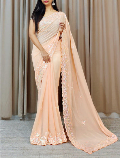 Buy Now Beautiful Light Orange Saree for upcoming festival in georgette fabric