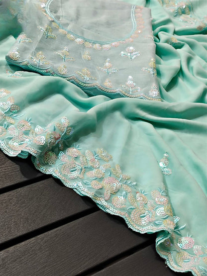 Buy Now Beautiful Sky Blue Saree for upcoming festival in georgette fabric