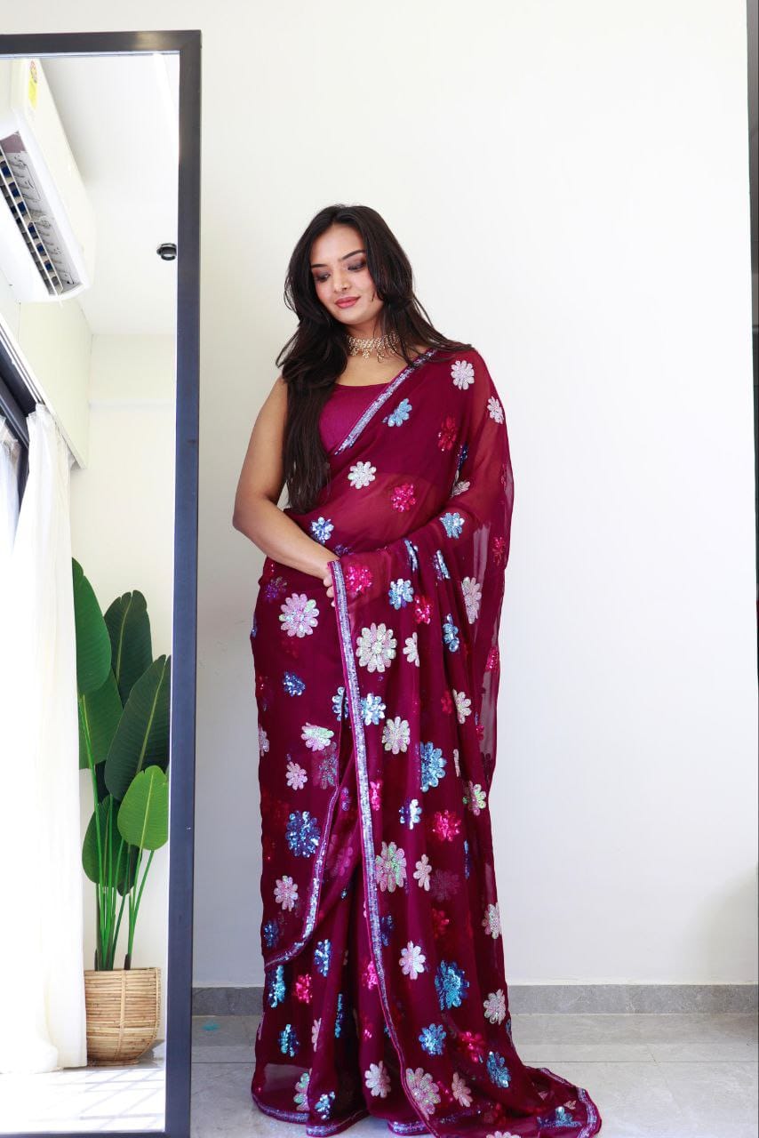 Maroon Color beautiful  Sequence Saree in Georgette Fabric