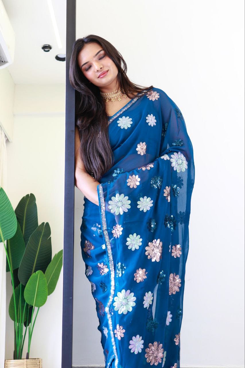 Blue Color beautiful  Sequence Saree in Georgette Fabric