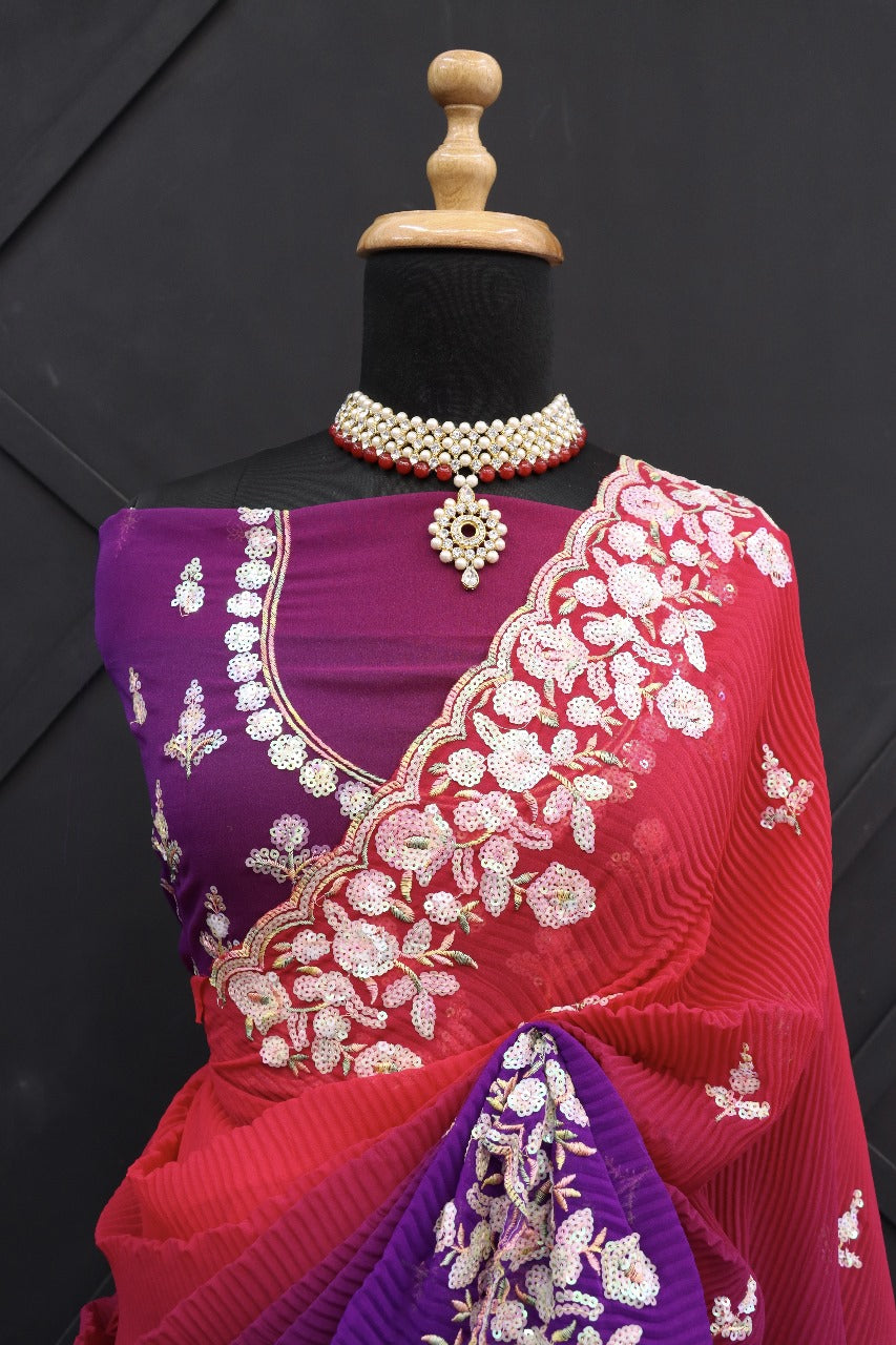 Beautiful Faux Georgette With Crush Pattern Saree in Red Purple Color