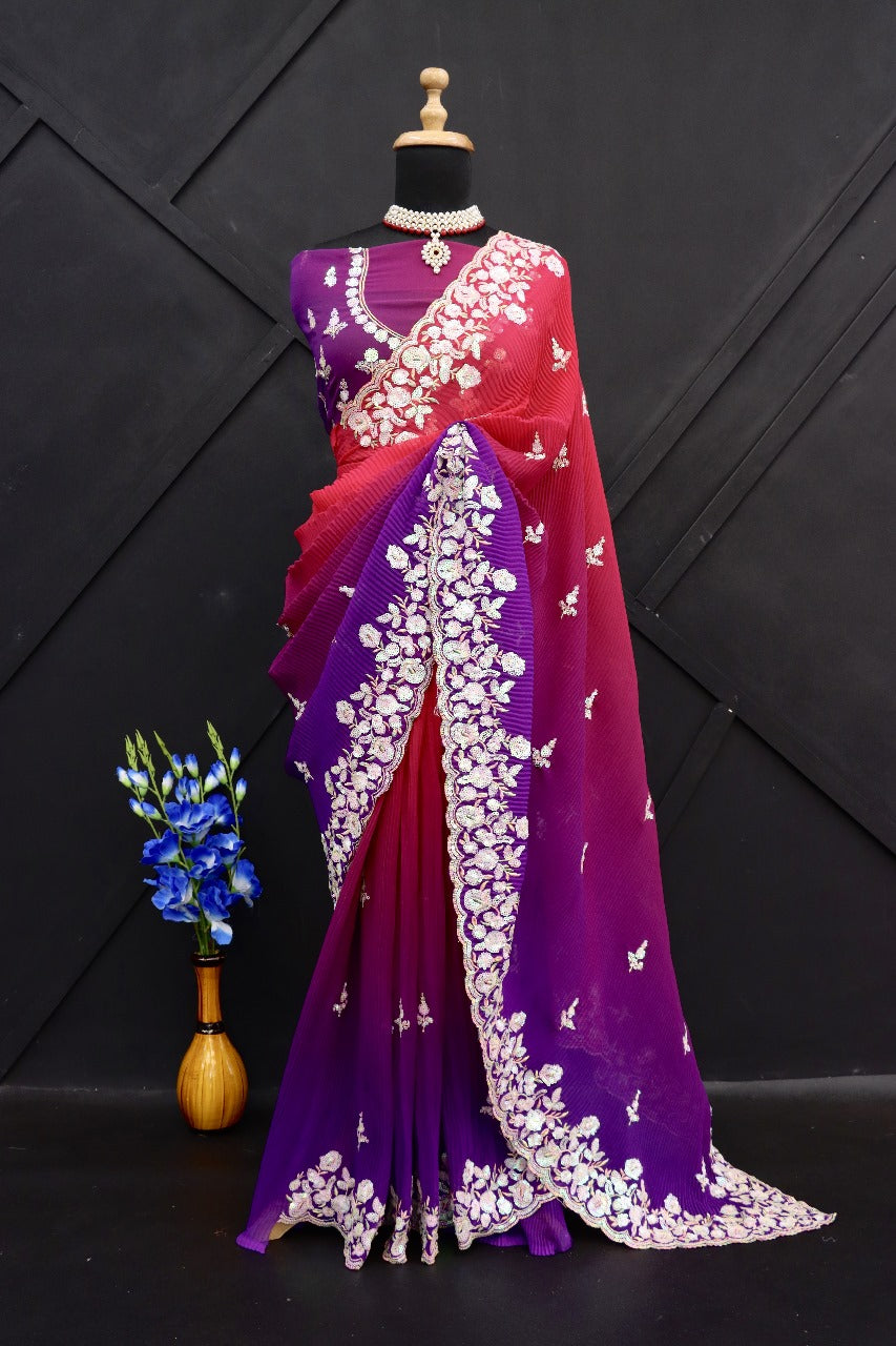 Beautiful Faux Georgette With Crush Pattern Saree in Red Purple Color