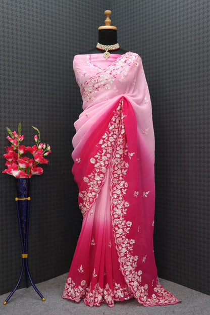 Beautiful Faux Georgette With Crush Pattern Saree in Pink Red