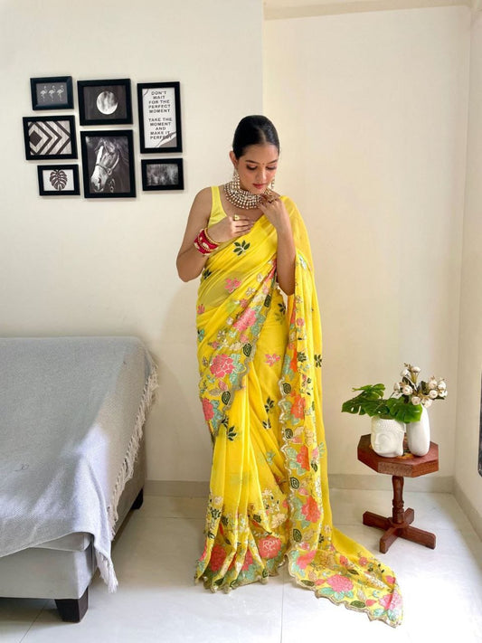 Yellow Color Beautiful Georgette Saree