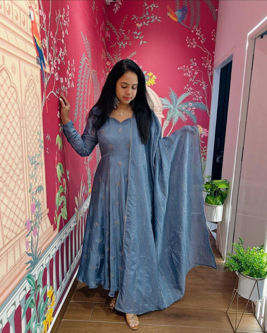 Beautiful Anarkali Gown with dupatta IN Chinon Fabric Light Blue Color