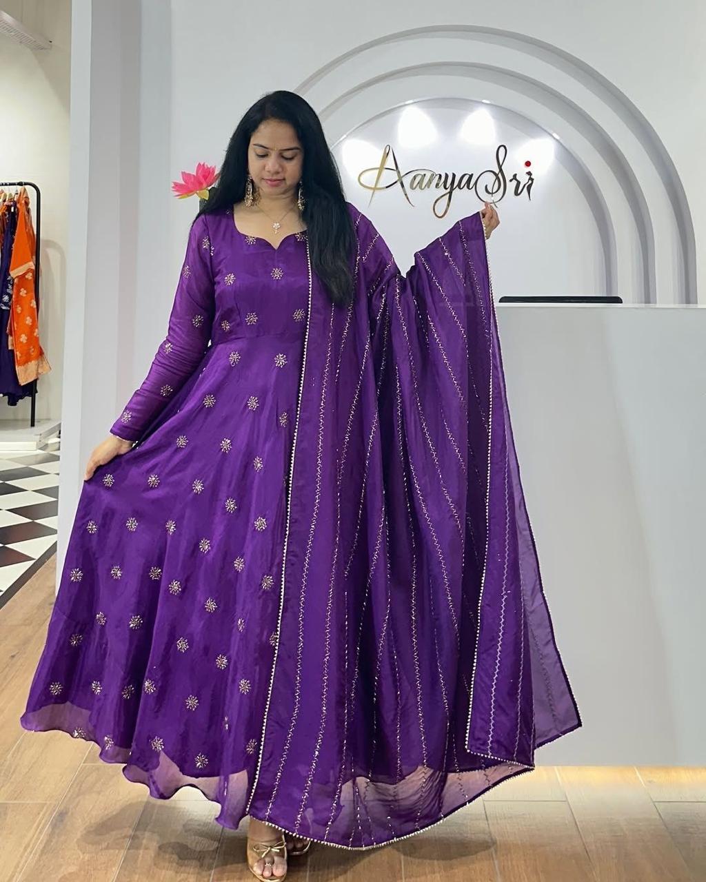 Beautiful Anarkali Gown with dupatta IN Chinon Fabric Purple color