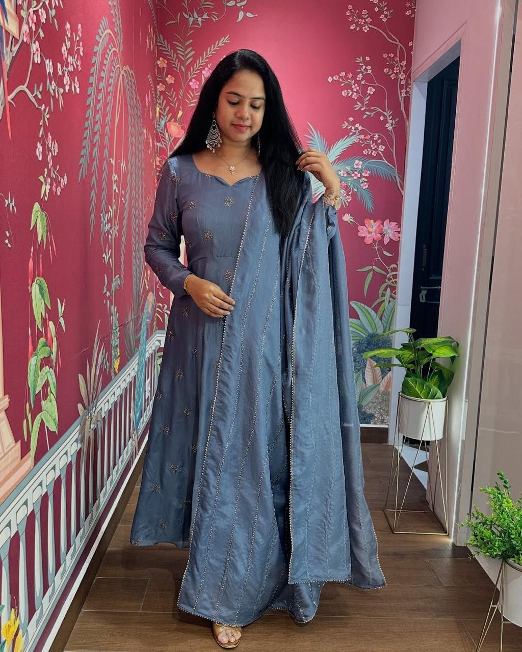 Beautiful Anarkali Gown with dupatta IN Chinon Fabric Light Blue Color