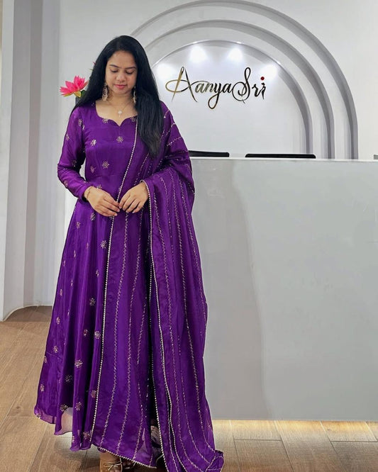 Beautiful Anarkali Gown with dupatta IN Chinon Fabric Purple color