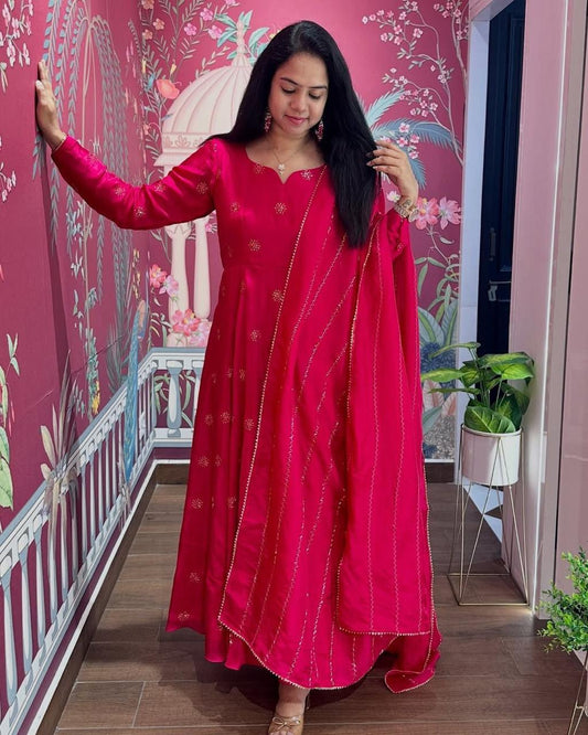 Beautiful Anarkali Gown with dupatta IN Chinon Fabric