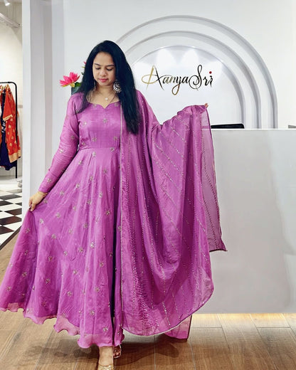 Beautiful Anarkali Gown with dupatta IN Chinon Fabric Light Purple color