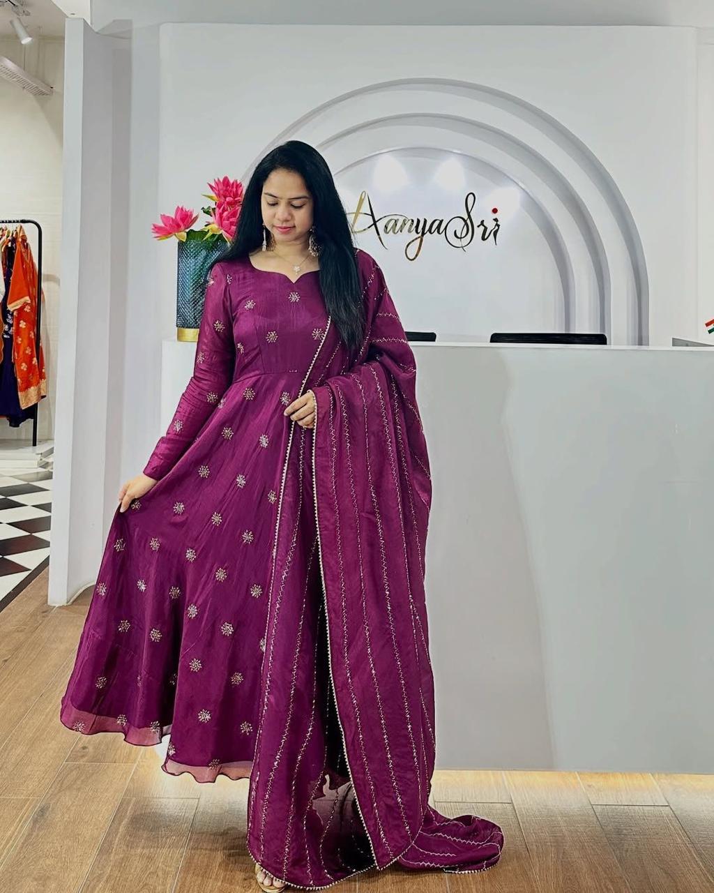 Beautiful Anarkali Gown with dupatta IN Chinon Fabric Maroon color