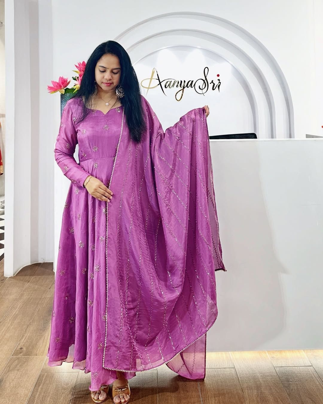 Beautiful Anarkali Gown with dupatta IN Chinon Fabric Light Purple color