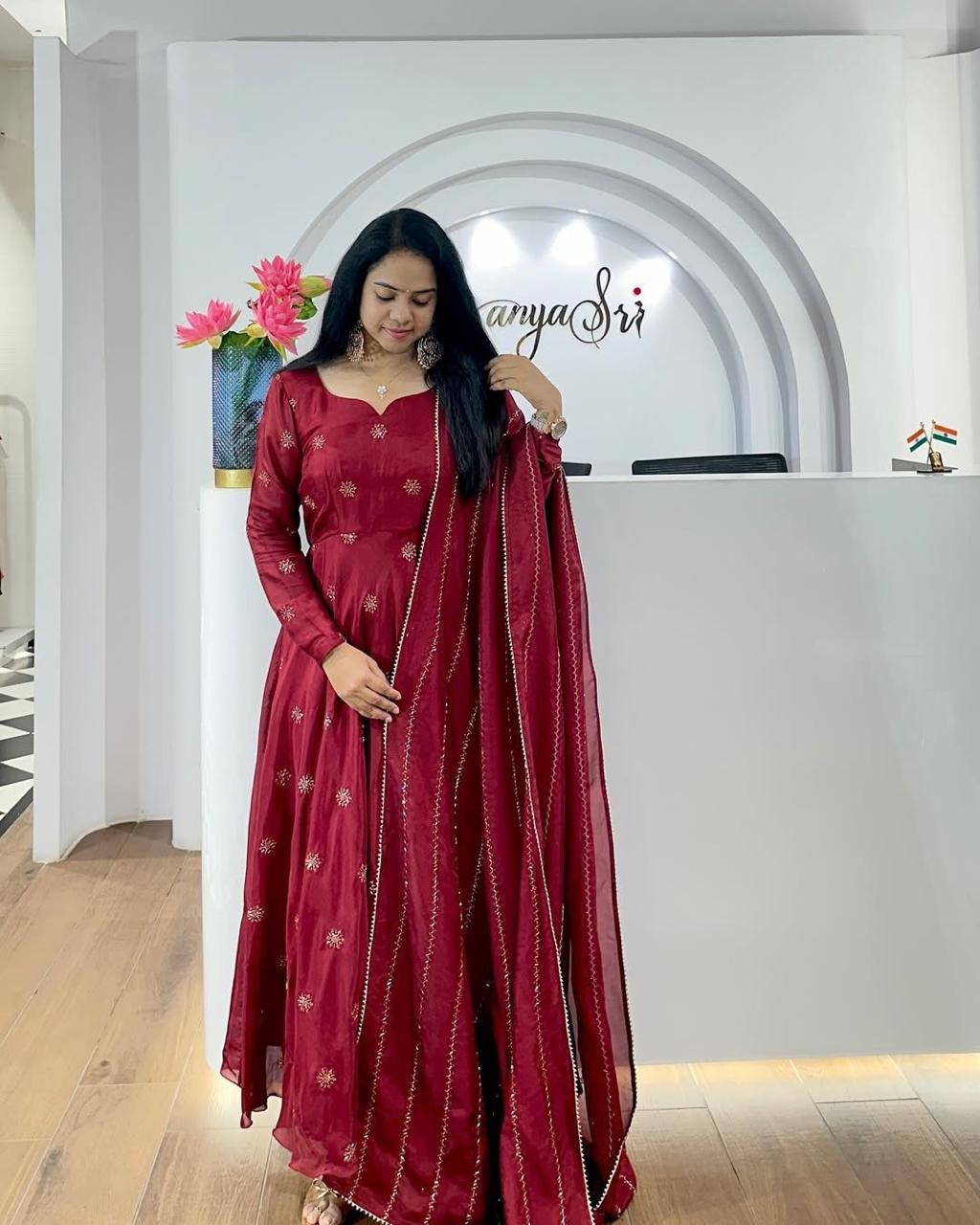 Beautiful Anarkali Gown with dupatta IN Chinon Fabric Red color